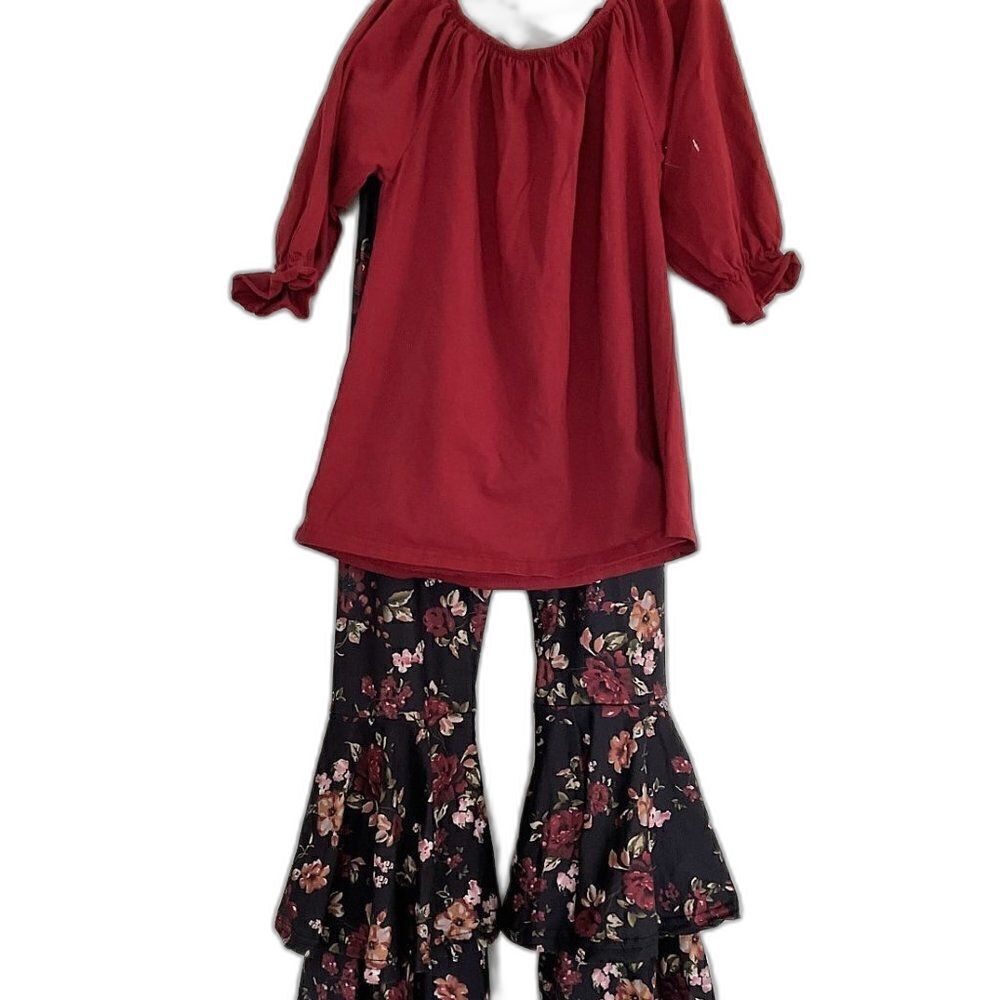 Boho Burgundy Red Floral Bell Bottoms Matching Outfit Set